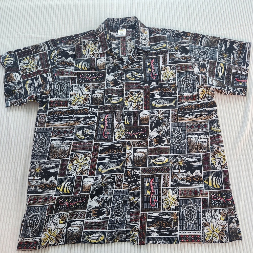 Rima Beachworld Mens XL‎ Hawaiian Shirt Black Terivoile Polynesian Turtle Print